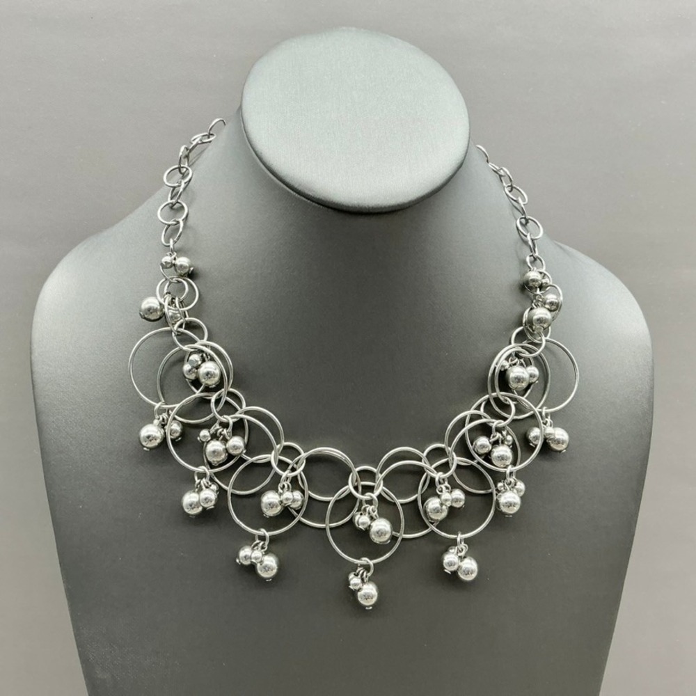 Talbots Necklace Women Silver Tone Interlocking Circles Polished Beads Statement